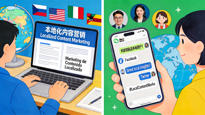 本地化内容营销配图：显示不同语言的内容创作与社交媒体互动场景
