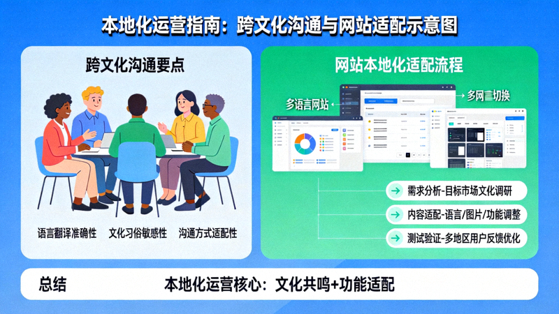 本地化运营指南配图：显示跨文化沟通与网站本地化适配的示意图