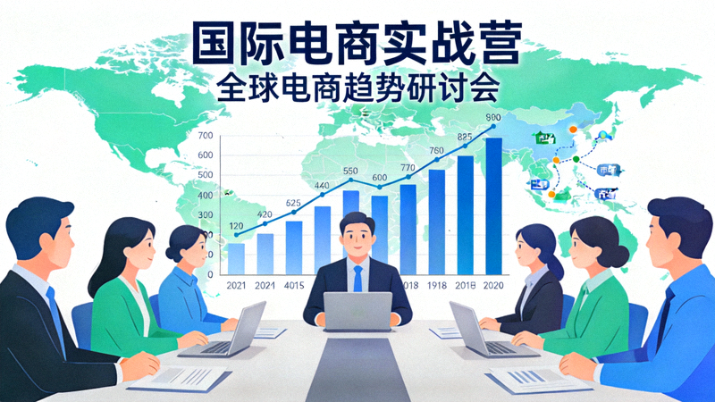 国际电商实战营主题封面图：显示全球地图与数据流交织，象征选品策略与全球市场趋势的深度结合