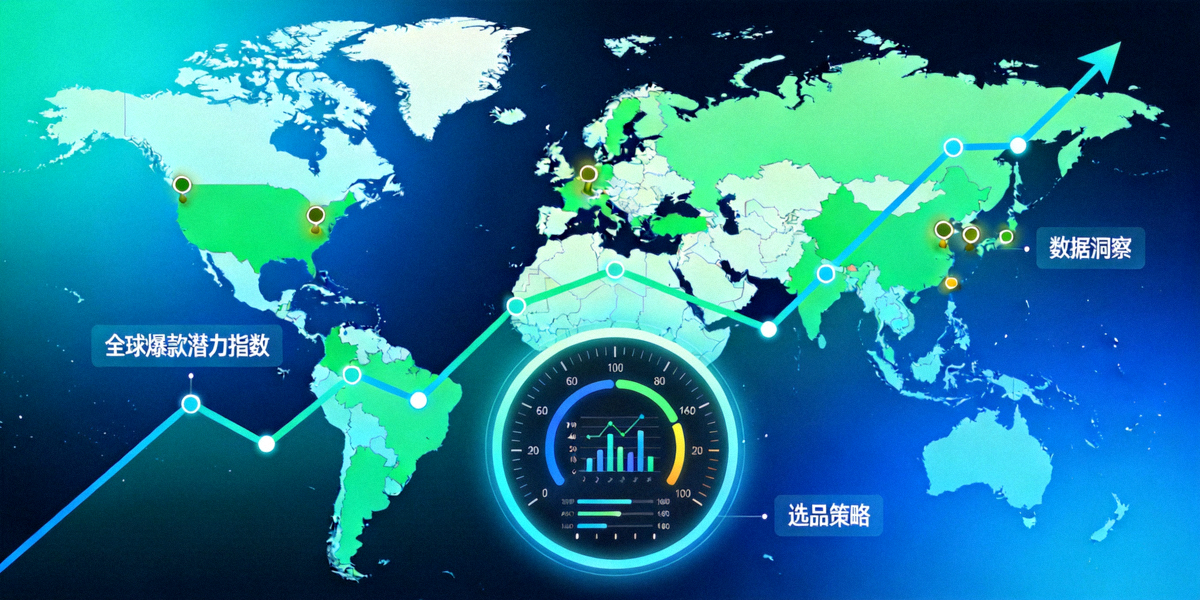 国际电商数据驱动选品策略主题配图：显示数据分析仪表盘、全球地图与上升趋势线交织，象征通过数据洞察挖掘全球爆款商品