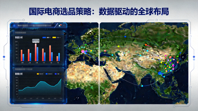 国际电商选品策略配图：显示数据分析仪表盘与全球地图，象征数据驱动的全球选品