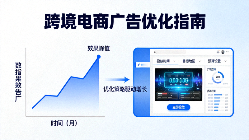 跨境电商广告优化指南配图：显示不断上升的折线图与广告投放界面，象征广告效果增长