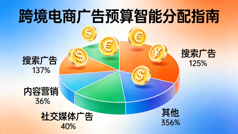 跨境电商广告预算分配技巧配图：显示饼状图与货币符号，象征预算的智能分配