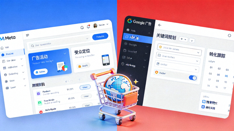 Meta与Google广告实战配图：显示两大广告平台界面与跨境购物车转化图标