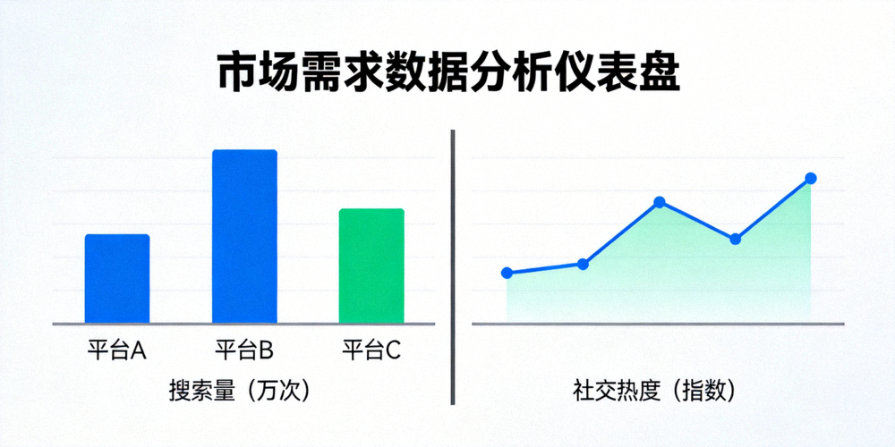市场需求数据分析仪表盘示意图：展示多个平台搜索量与社交热度的对比图表