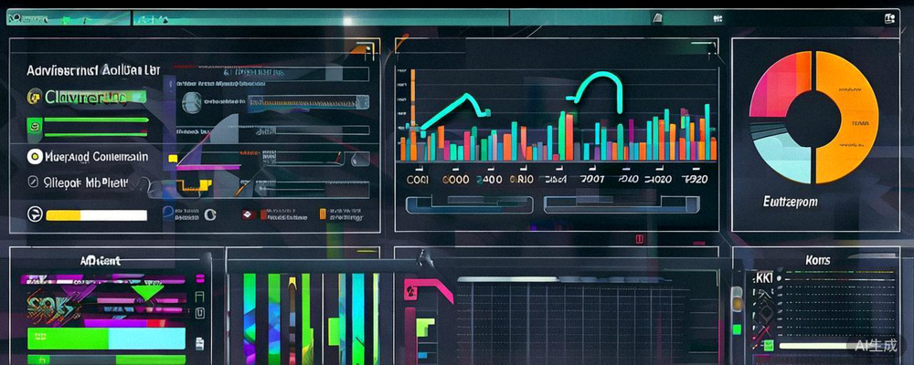 数据监控仪表盘示意图：展示多个关键绩效指标KPI的可视化图表，用于监控广告预算与效果