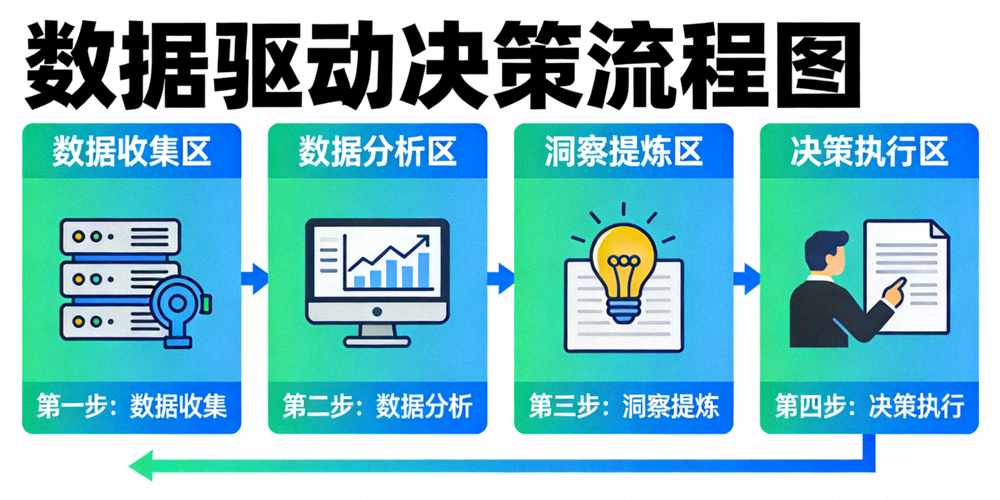 数据驱动决策流程图：展示从数据收集、分析、洞察到最终决策的闭环过程