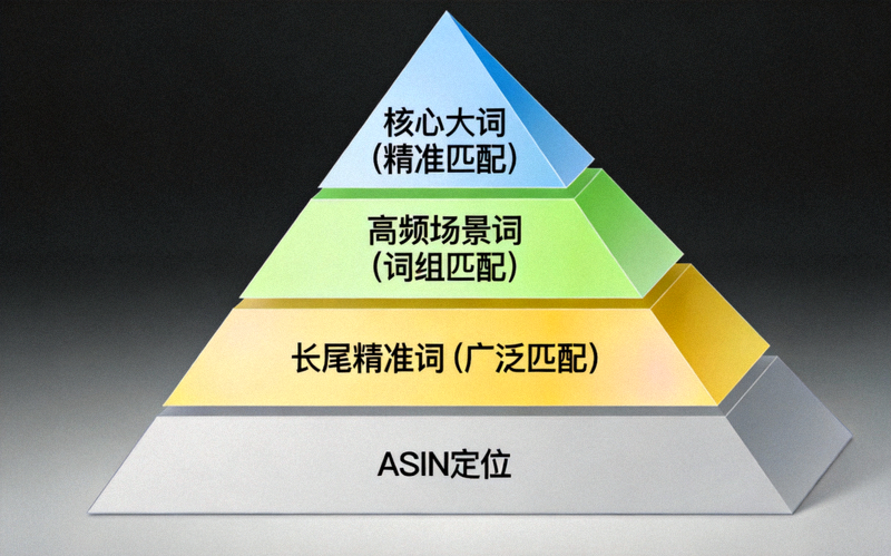 亚马逊关键词分层金字塔模型：塔尖是核心大词（精准匹配），中部是高频场景词（词组匹配），底部是长尾精准词（广泛匹配），基础是ASIN定位
