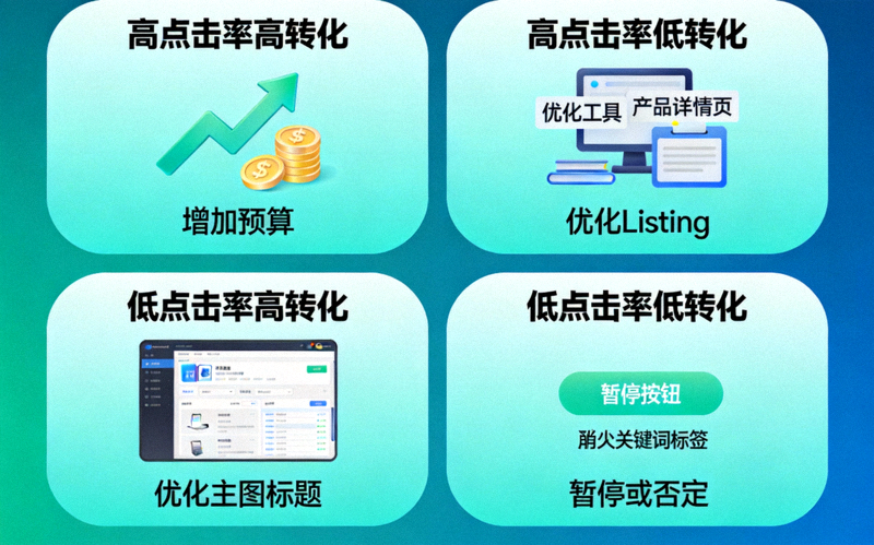 亚马逊广告预算分配四象限法则图表：高点击率高转化（增加预算）、高点击率低转化（优化Listing）、低点击率高转化（优化主图标题）、低点击率低转化（暂停或否定）