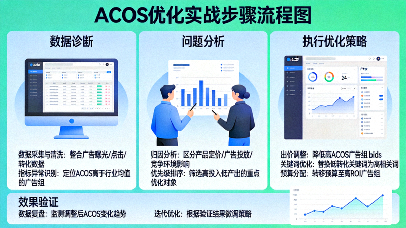 ACOS优化实战步骤配图：展示从数据诊断、问题分析到执行优化策略的完整流程图