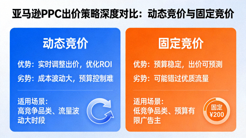 亚马逊PPC出价策略深度对比配图：动态竞价与固定竞价的优劣分析及适用场景示意图