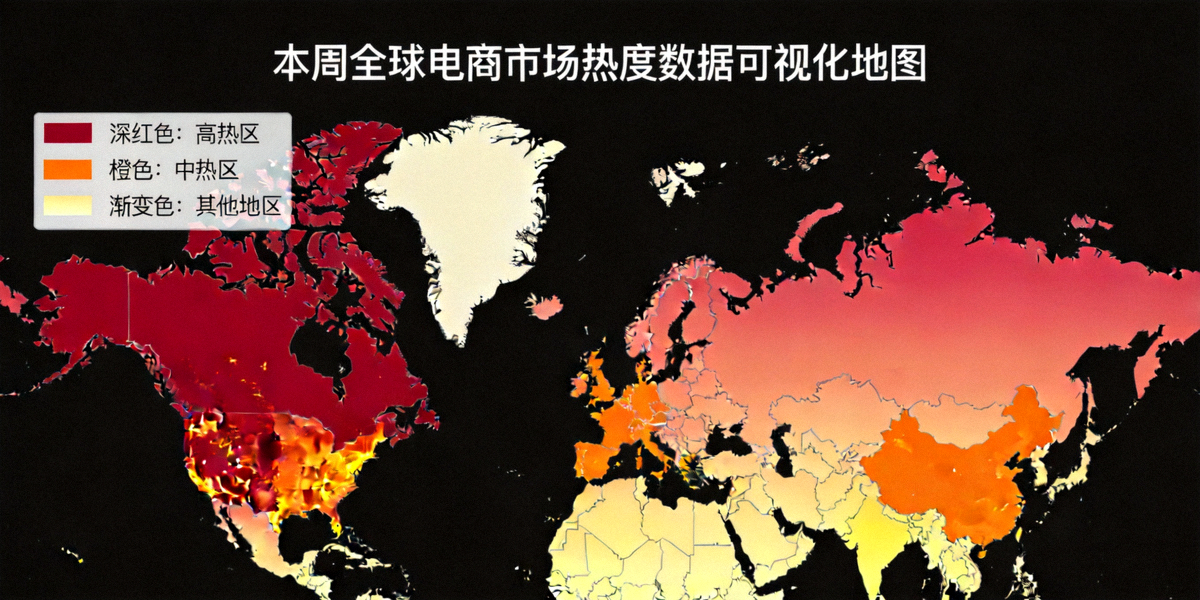 本周全球电商市场热度数据可视化地图：显示北美、西欧为深红色高热区，东南亚、澳新为橙色中热区，其他地区为渐变色