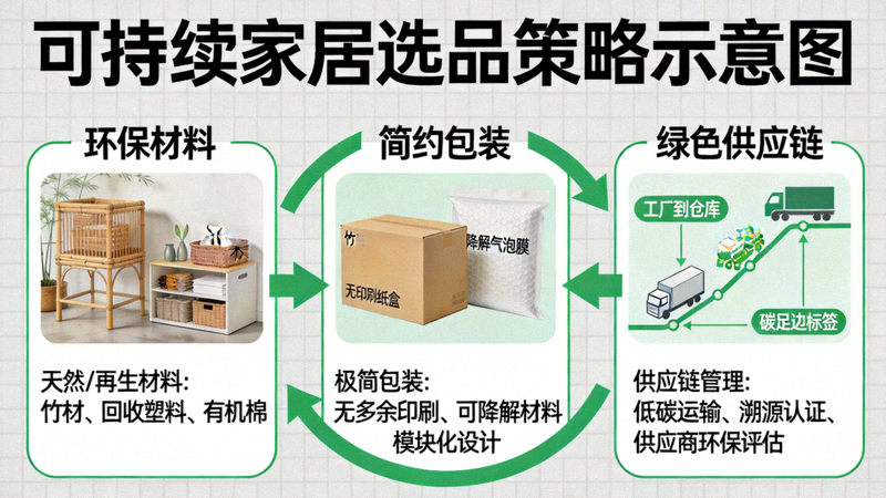 可持续家居选品策略示意图：展示从环保材料、简约包装到绿色供应链的完整价值链