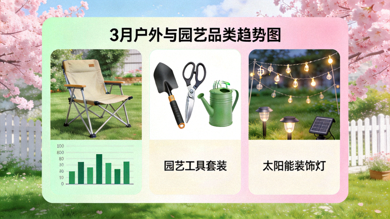 3月户外与园艺品类趋势图：展示露营椅、园艺工具、户外装饰灯等热销商品，背景为春季庭院场景