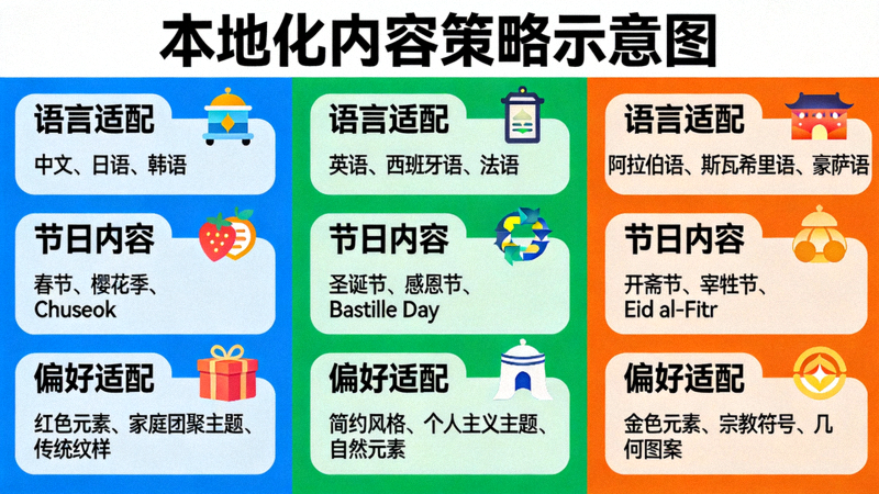 本地化内容策略示意图：展示针对不同地区语言、节日和偏好的内容创作与适配