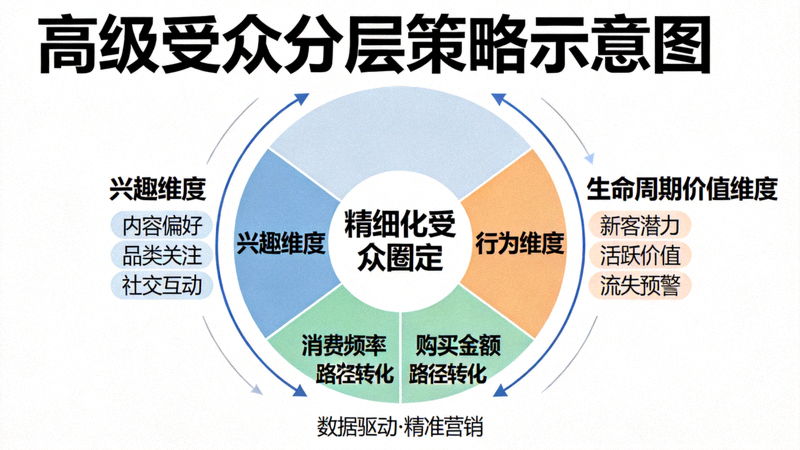 高级受众分层策略示意图：展示基于兴趣、行为、生命周期价值的精细化受众圈定模型