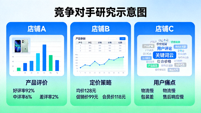 竞争对手研究示意图：展示多个电商店铺对比分析、产品评价与定价策略