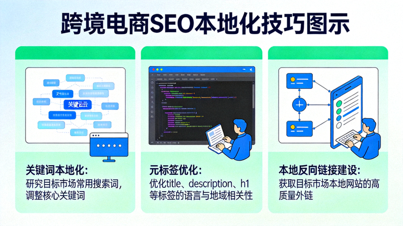 跨境电商SEO本地化技巧图示：展示关键词本地化、元标签优化与本地反向链接建设