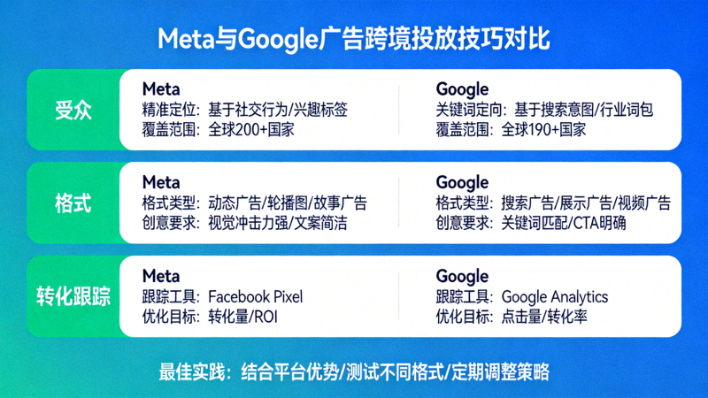 Meta与Google广告跨境投放技巧对比图：展示两大平台在受众、格式、转化跟踪上的差异与最佳实践