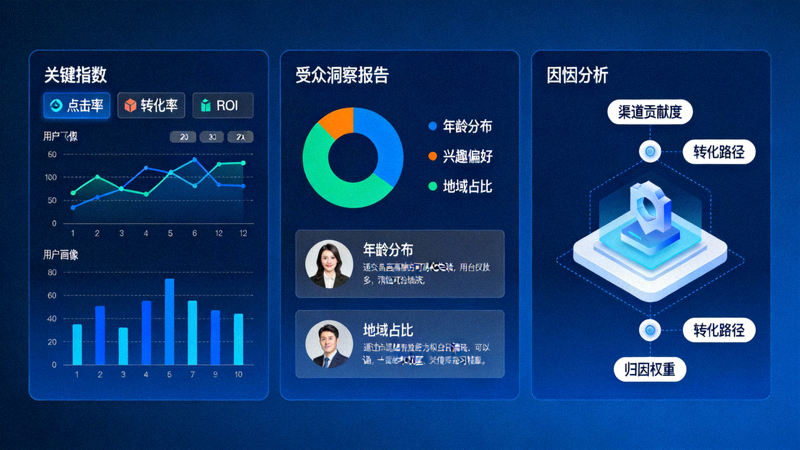数据驱动的广告决策面板：展示关键指标仪表盘、受众洞察报告与归因分析模型