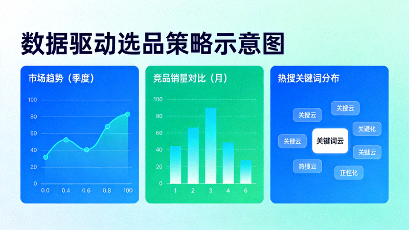 数据驱动选品策略示意图：展示一个包含市场趋势曲线、竞品对比柱状图和关键词云的数据分析仪表盘