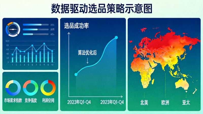 数据驱动选品策略示意图：展示数据分析仪表盘、增长曲线与全球热力图