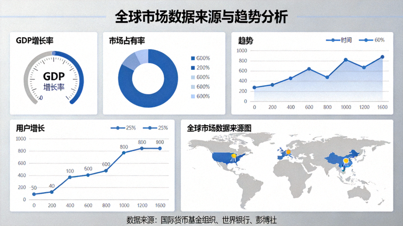 数据源聚焦：展示多个数据仪表盘、趋势图表与全球市场数据来源的示意图