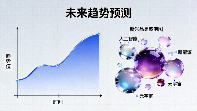 未来趋势预测：显示基于历史数据的曲线预测与新兴品类冒泡图，象征趋势洞察
