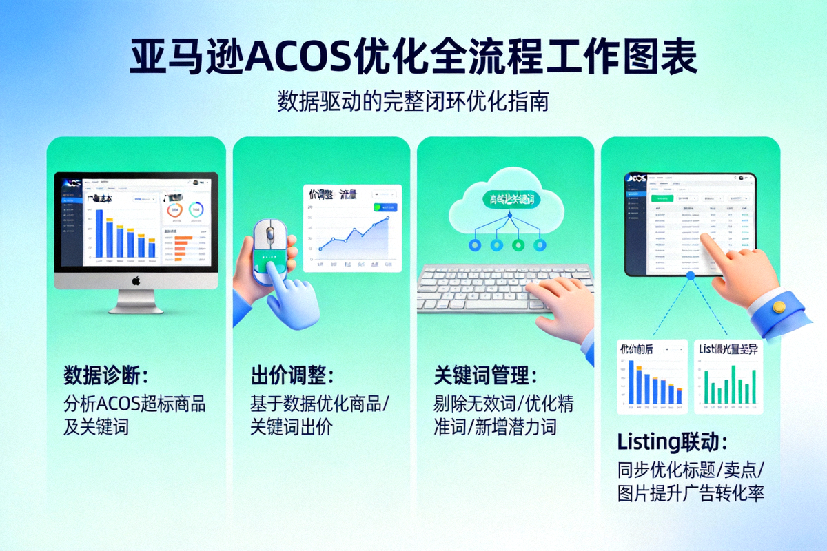 亚马逊ACOS优化全流程工作图表，从数据诊断、出价调整、关键词管理到Listing联动的完整闭环优化步骤