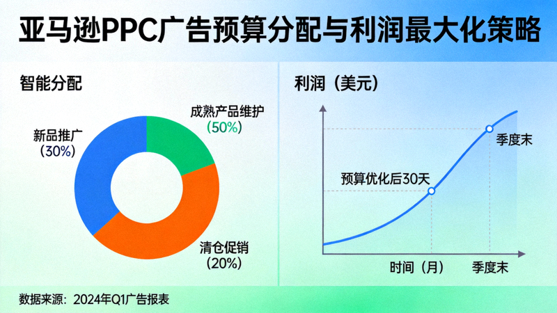 亚马逊PPC广告预算分配与利润最大化策略配图：显示预算在不同活动类型和产品生命周期中的智能分配饼状图与利润增长曲线