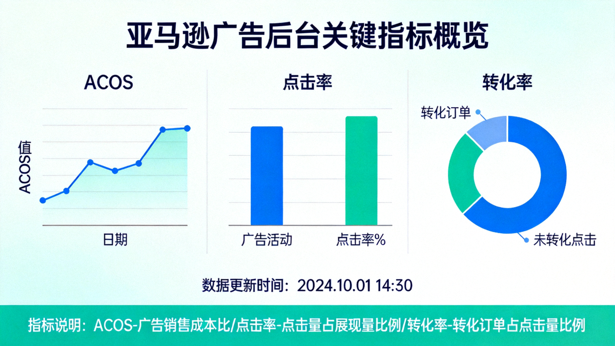 亚马逊广告后台关键指标数据仪表盘概览图，展示ACOS、点击率、转化率等数据的可视化图表