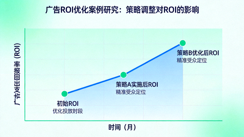 广告ROI优化案例研究图表：展示通过策略调整带来的广告支出回报率提升曲线