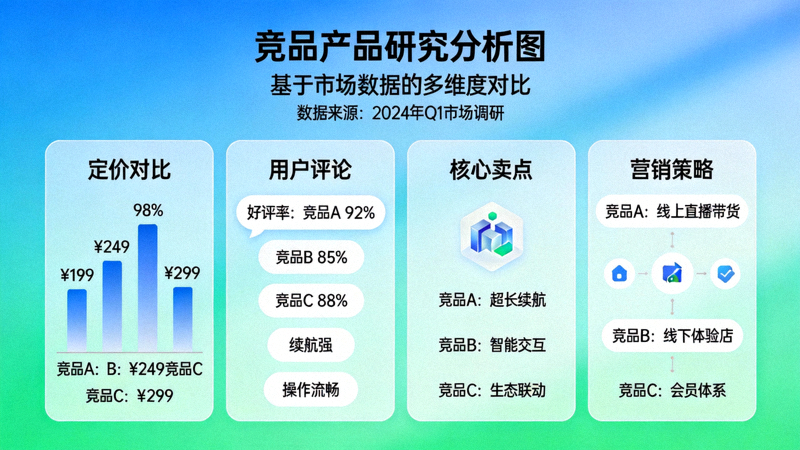 竞品产品研究分析图，对比竞争对手的定价、评论、卖点与营销策略