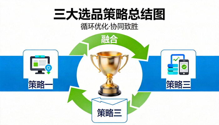 三大选品策略总结图：三个策略图标环绕一个代表成功的奖杯，箭头表示策略间的循环与融合