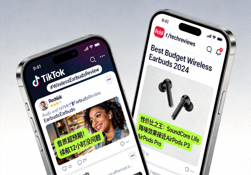 社交媒体选品案例图：展示手机屏幕上TikTok和Reddit的界面截图，高亮显示关于特定产品的热门讨论和标签