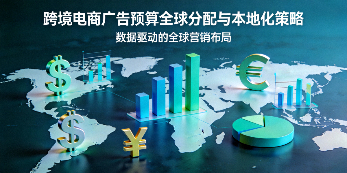 文章头图：展示全球地图上分布着不同货币符号与数据图表，象征跨境电商广告预算的全球分配与本地化策略