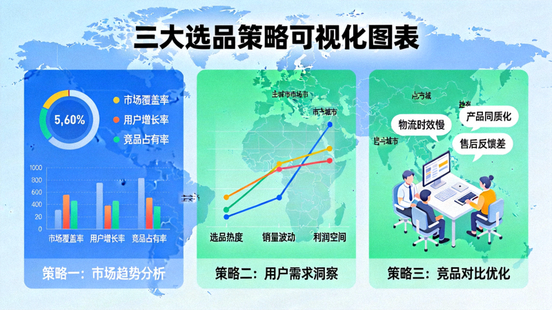 文章主题配图：展示三大选品策略的可视化图表，包括数据仪表盘、趋势曲线和用户痛点场景，背景为全球地图