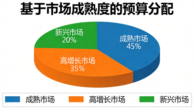 信息图：展示基于市场成熟度的预算分配饼状图，成熟市场占45%，高增长市场占35%，新兴市场占20%