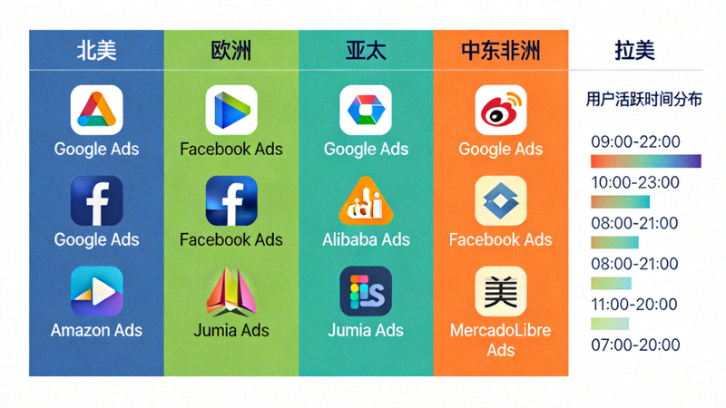 信息图：展示全球不同地区的主要广告平台图标及其用户活跃时间分布示意图
