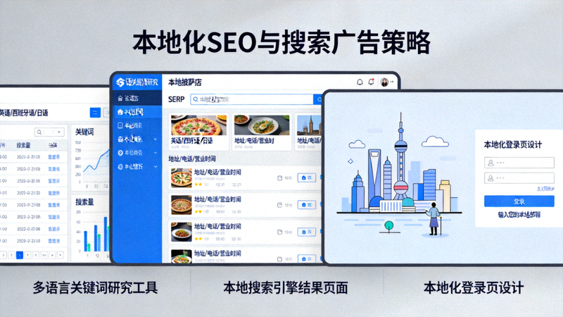 本地化SEO与搜索广告策略配图：展示多语言关键词研究工具、本地搜索引擎结果页面与本地化登录页设计