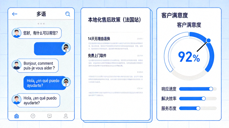 跨境电商客服与售后本地化策略配图：展示多语言客服聊天界面、售后政策本地化文档与客户满意度仪表盘