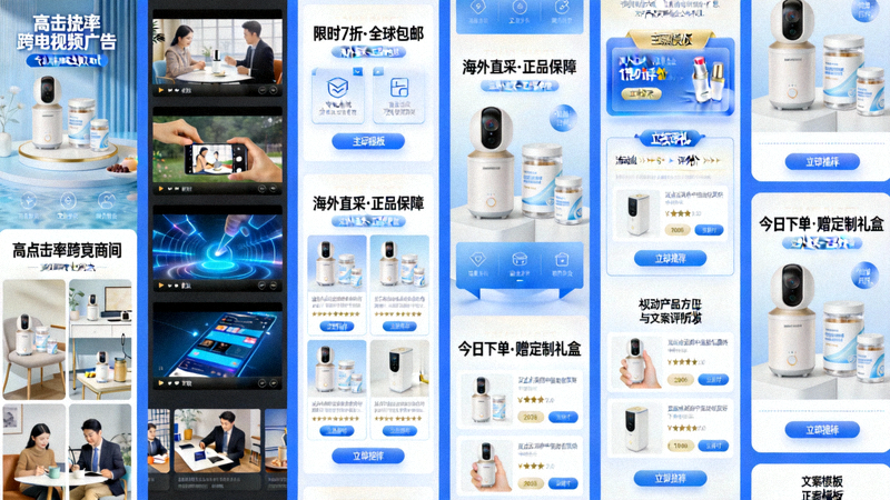 跨境电商广告创意优化实战配图：展示多组高点击率广告图片、视频缩略图与文案模板对比