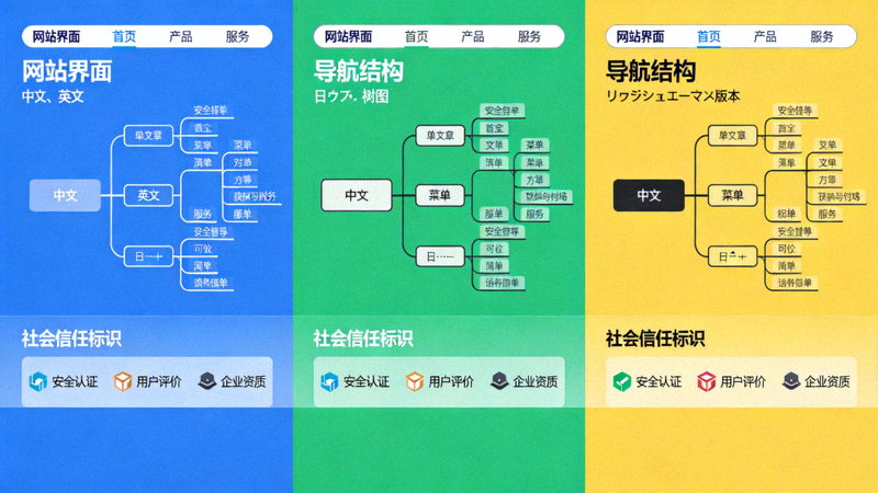 网站与店铺本地化优化实战配图：对比展示不同语言版本的网站界面、导航结构与社会信任标识