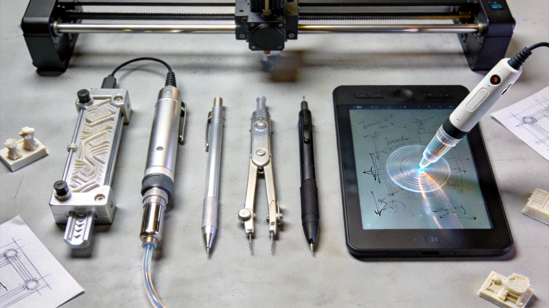 专业级创意与DIY工具选品配图：展示精密雕刻机、数位板、3D打印笔等专业创作工具