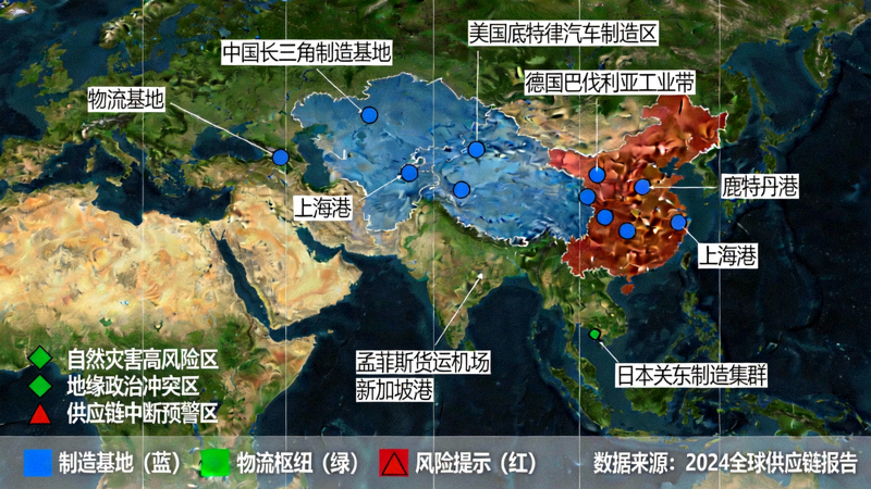 供应链韧性评估地图：展示全球主要制造基地、物流枢纽与风险提示标记