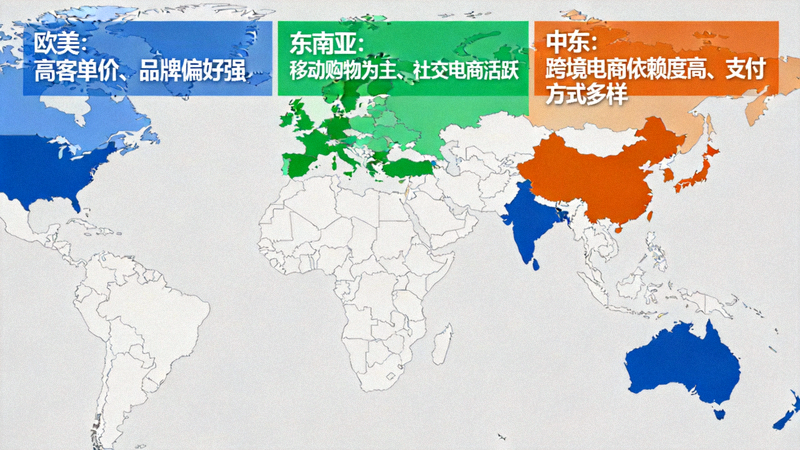 全球区域电商市场消费者行为分析地图：突出欧美、东南亚、中东等地区的消费特点