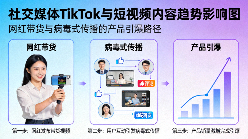 社交媒体TikTok与短视频内容趋势影响图：展示网红带货和病毒式传播如何引爆产品