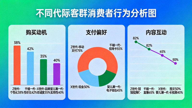 消费者行为分析图表：展示不同代际客群在购买动机、支付偏好、内容互动上的数据差异