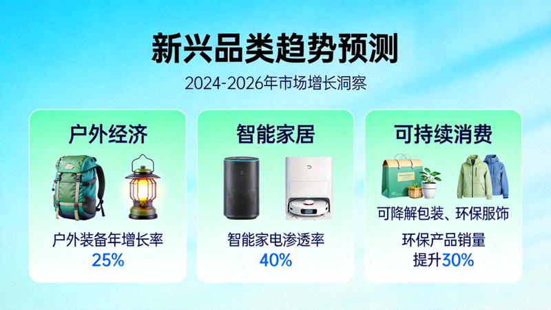 新兴品类趋势预测信息图：展示户外经济、智能家居、可持续消费等增长品类