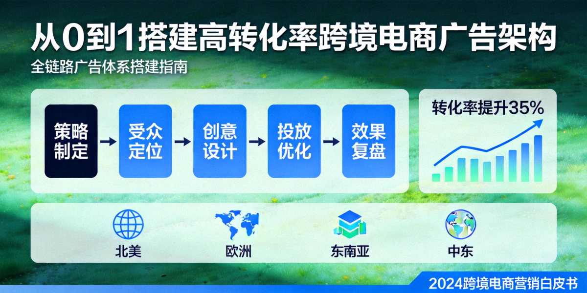从0到1搭建高转化率跨境电商广告架构主题横幅图：显示清晰的广告架构流程图、上升的转化率曲线与全球市场图标
